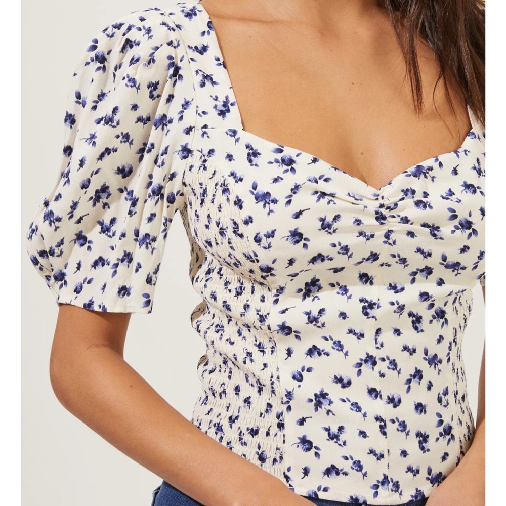 ASTR The Label Short Puff Sleeve Blue White Floral Too NWT XS